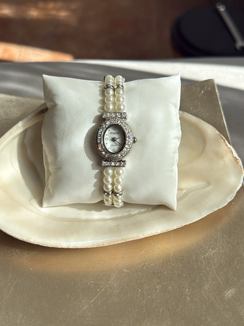 Studio Pearl-Bead Watch Crystal Accents - White Feminine EUC Girly Gift